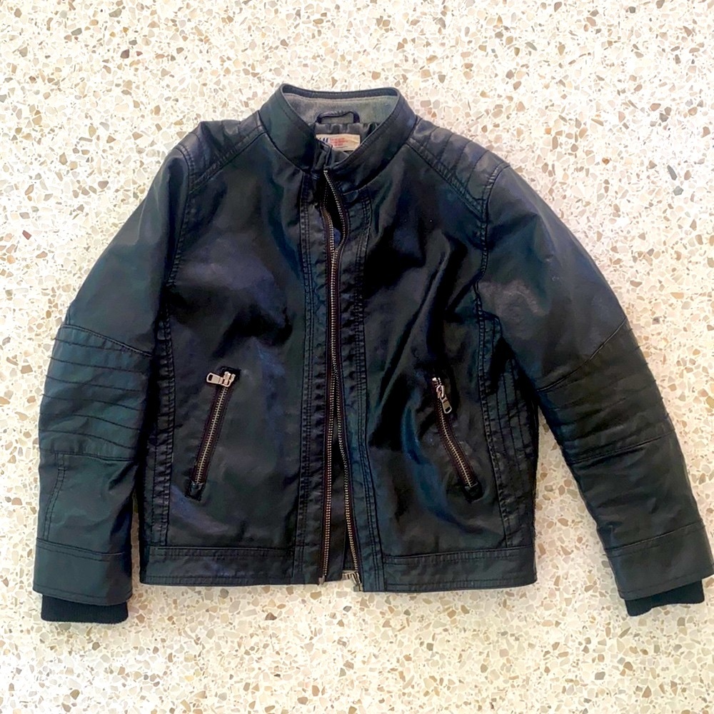 H&M Boys 7-8 Black Faux Leather Jacket Fleece